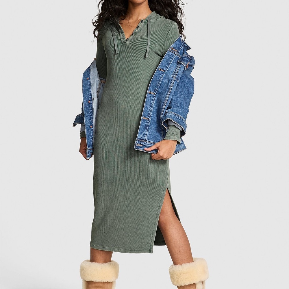 PINK Victoria’s Secret Vintage Ribbed Henley Hoodie Dress Green S NWT